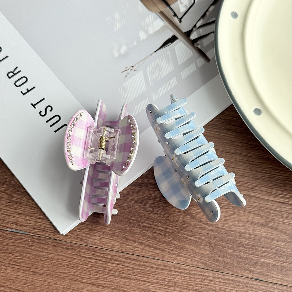 Fresh pink and blue plaid fabric hair claw