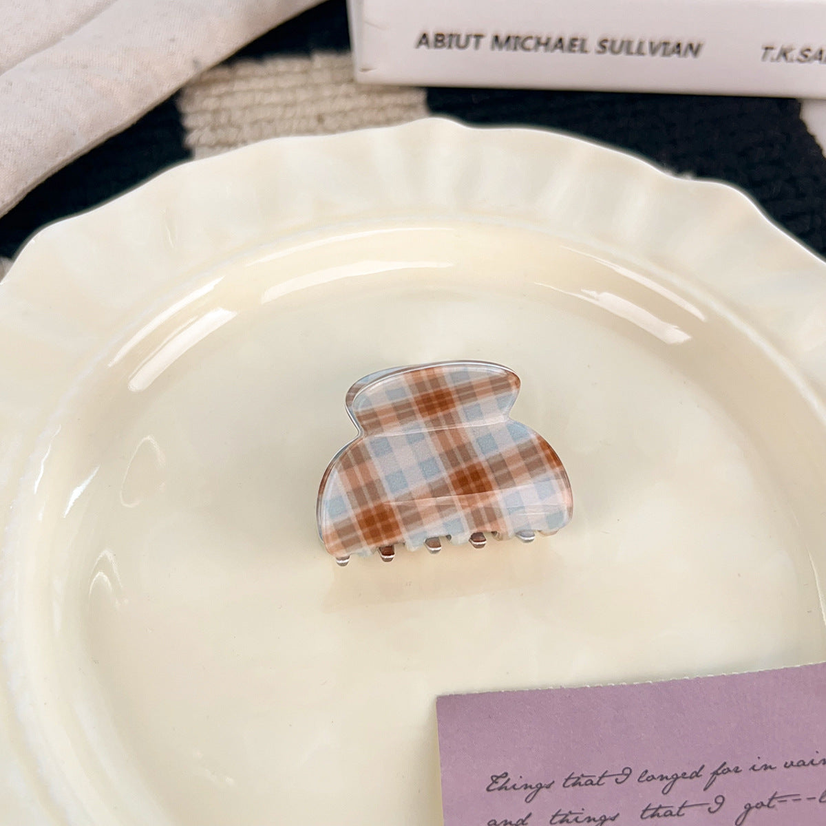 brown and blue plaid hair claw