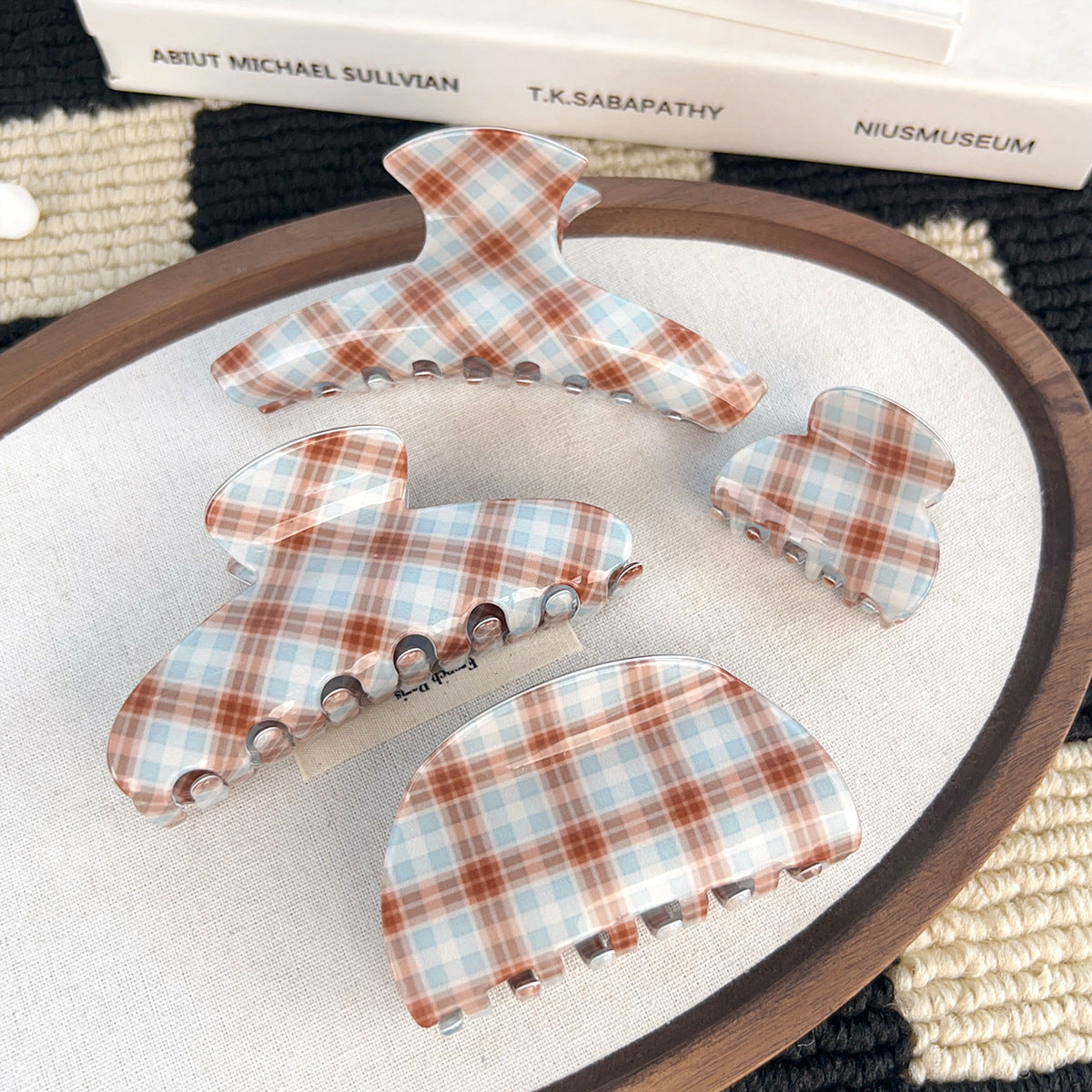 brown and blue plaid hair claw