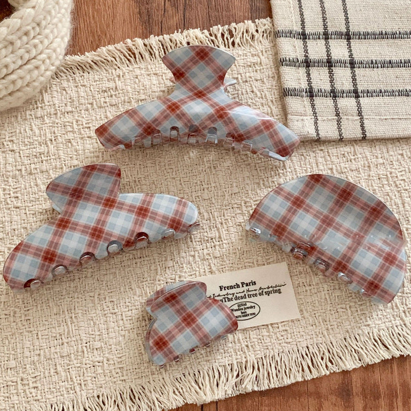 brown and blue plaid hair claw