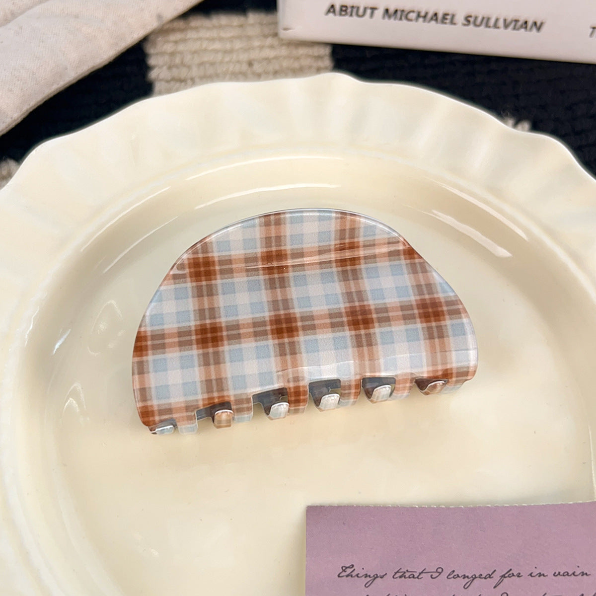 brown and blue plaid hair claw