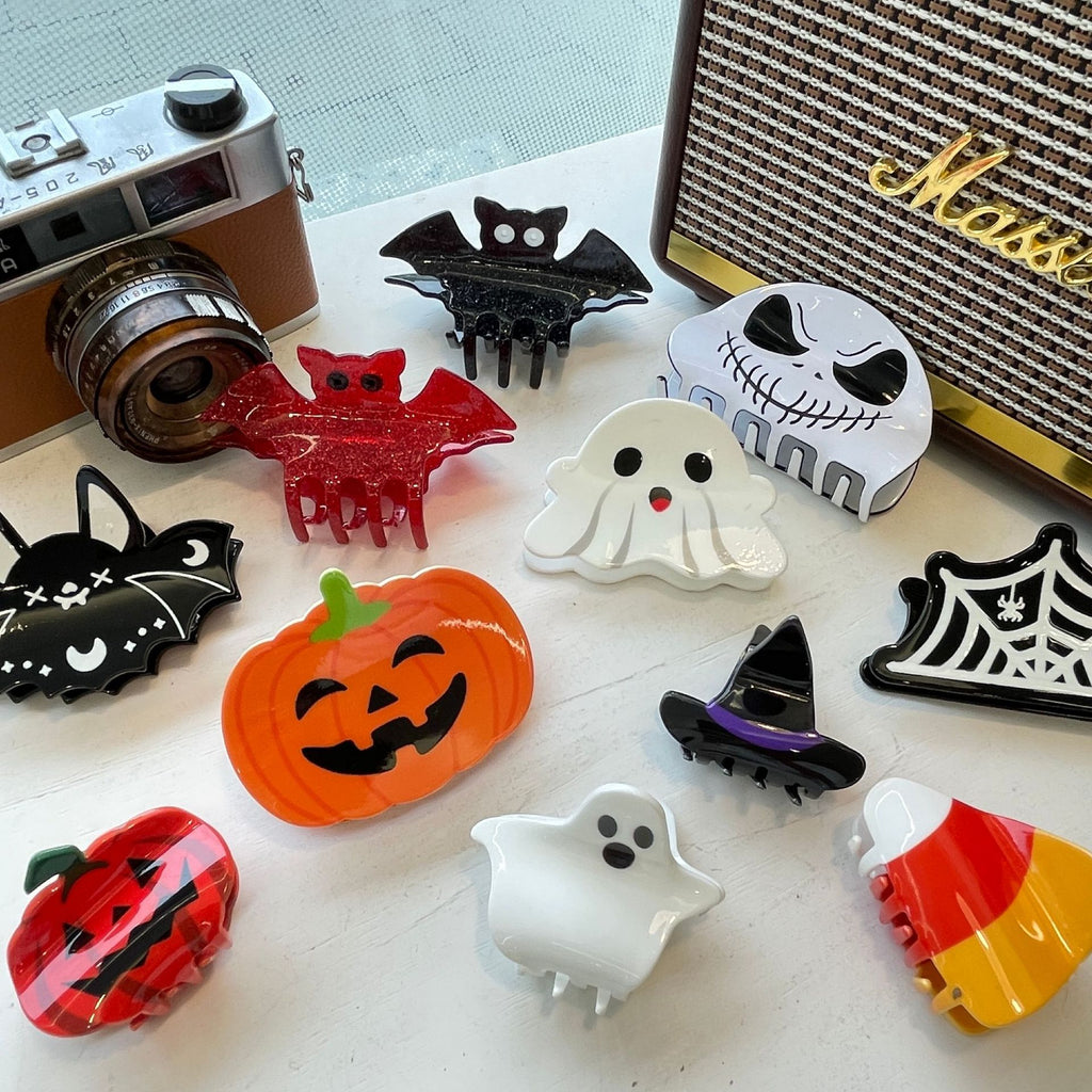 halloween hair claw - pumpkin, bat, ghost, and skull designs