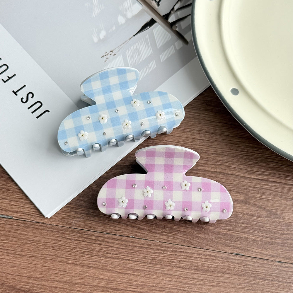 Fresh pink and blue plaid fabric hair claw