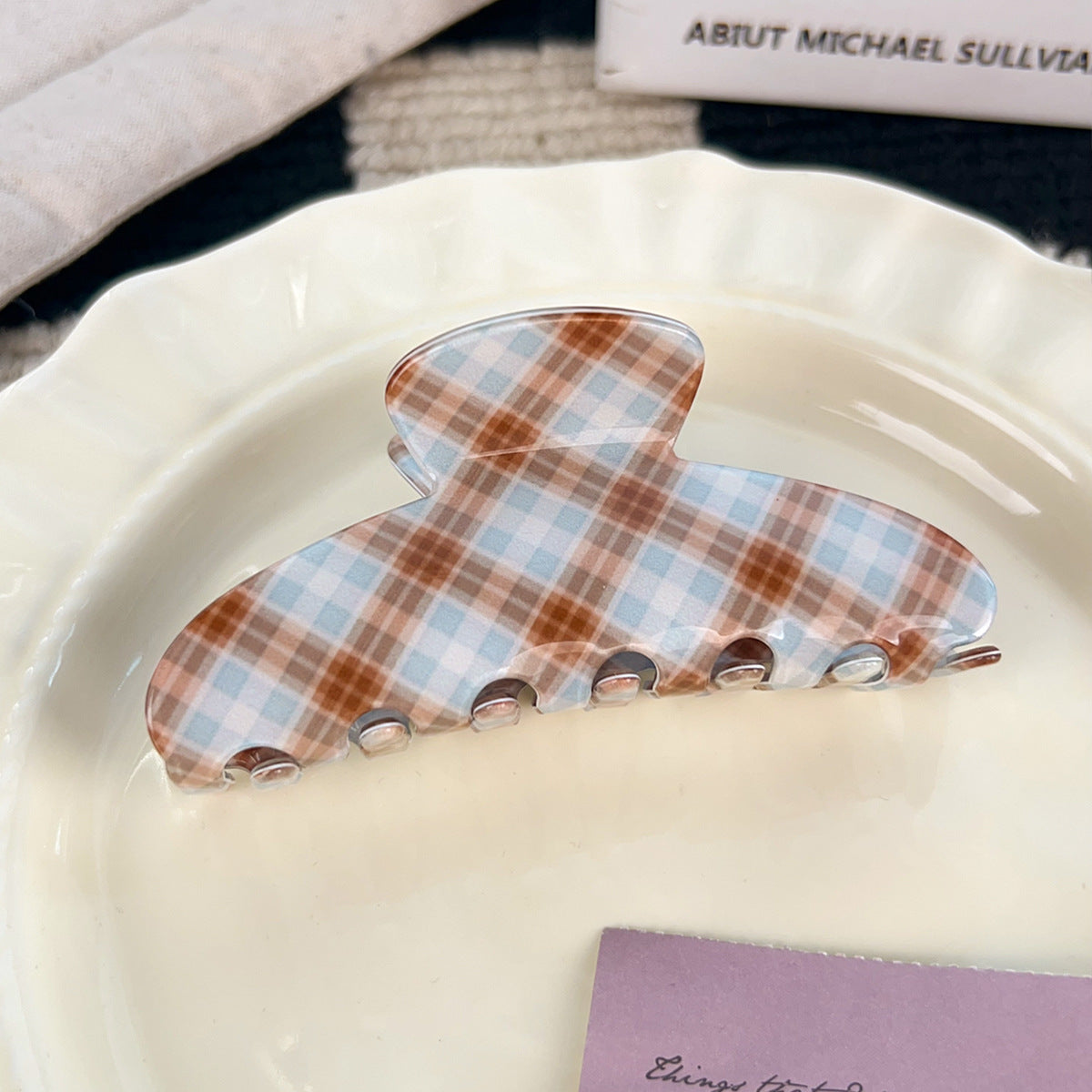 brown and blue plaid hair claw