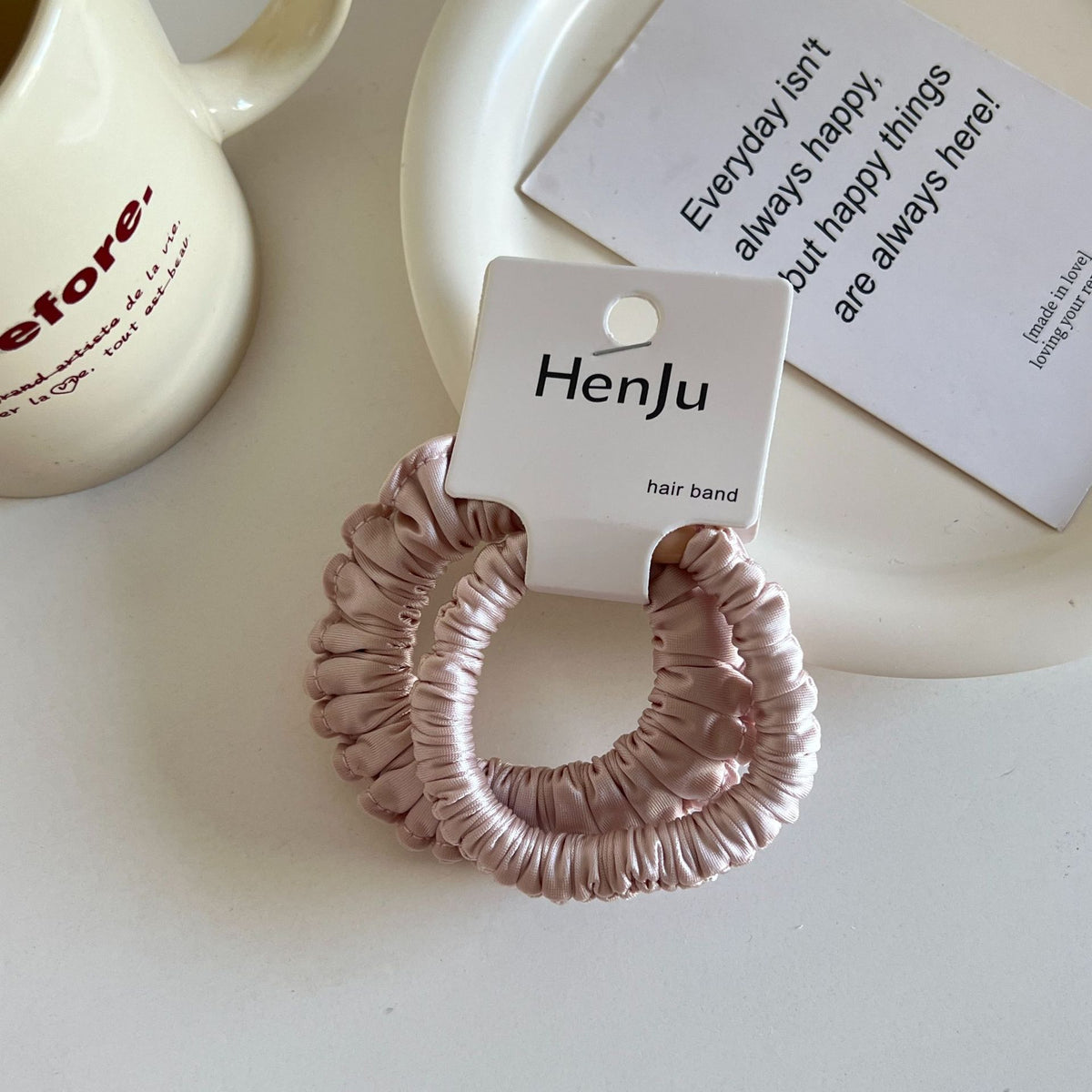 pink satin pleated round bead hair band hair tie