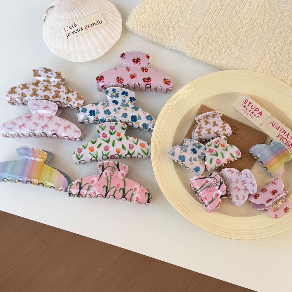 Early spring new printed tulip grab clip floral hairpin bangs clip premium acetic acid hairpin ponytail shark clip